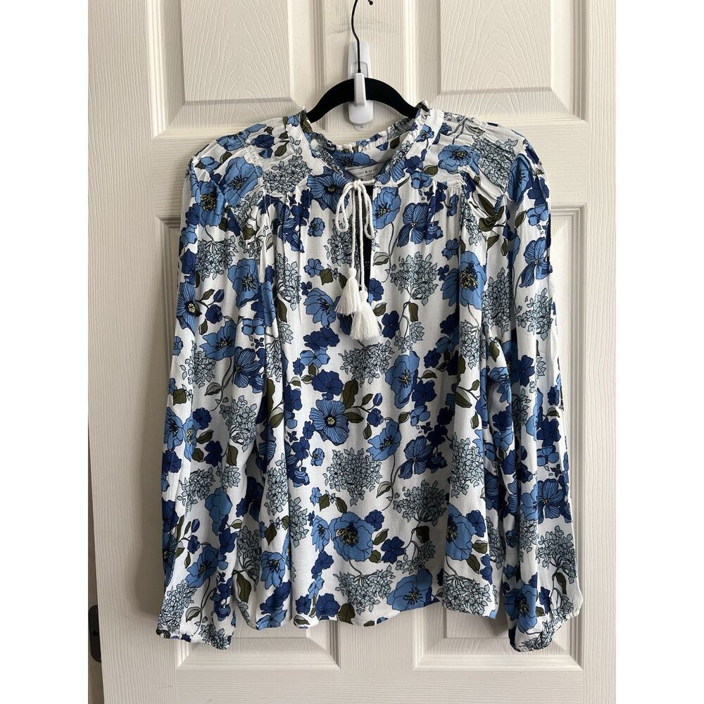LUCKY BRAND Women's Blue Floral Bohemian Peasant Tassel Blouse Top Sz XL NWT - Picture 2 of 12